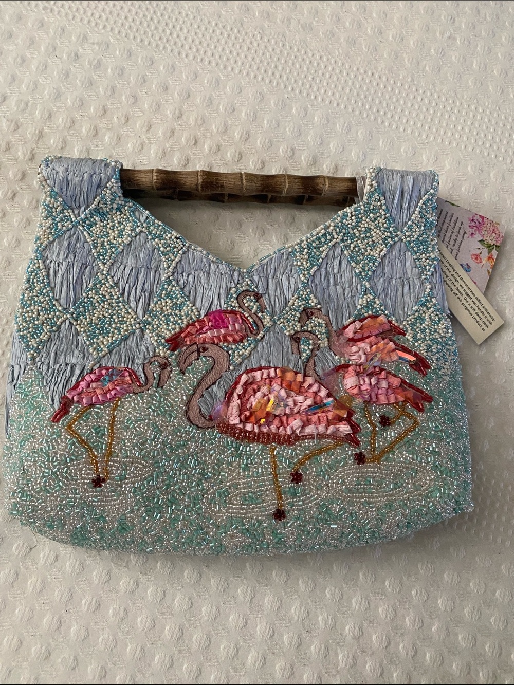Beaded Flamingo clutch Bag in Light Blue and Pink